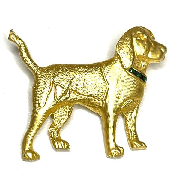 Dog Brooch Green Gold Tone Vtg Estate Jewelry Vintage Pin O30 - Picture 2 of 4